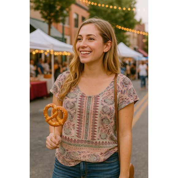 Lucky Brand Top L Pink Gray Paisley Floral Linen Viscose Blend Boho Casual Chic - Picture 1 of 5